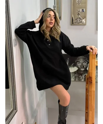 Kadın Uzun Kollu Kapşonlu Bağcıklı önden Düğmeli Ve Cepli Iki Iplik şardonlu Elbise