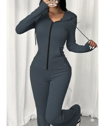 Kadın Uzun Kollu Kapşonlu Bağcıklı önü Fermuarlı Viskon Iki Iplik Bluz Ve Pantolon Ikili Takım