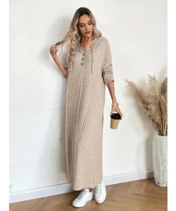 Kadın Uzun Kollu Kapşonlu Bağcıklı şardonlu Kaşkorse Uzun Elbise