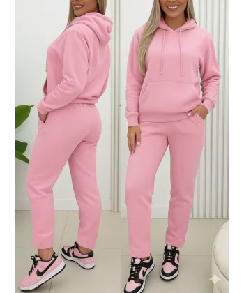 Kadın Uzun Kollu Kapşonlu Bağcıklı üç Iplik Bluz Ve Pantolon Ikili Takım