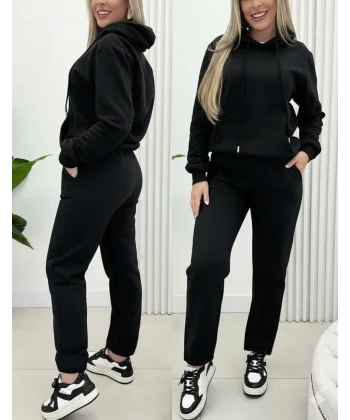 Kadın Uzun Kollu Kapşonlu Bağcıklı üç Iplik Bluz Ve Pantolon Ikili Takım