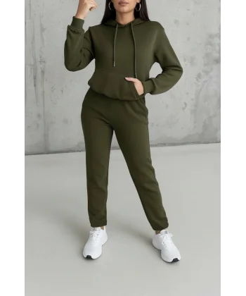 Kadın Uzun Kollu Kapşonlu Bağcıklı üç Iplik Bluz Ve Pantolon Ikili Takım