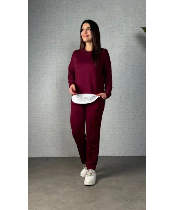 Kadın Uzun Kollu Kapşonlu Bağcıklı Viskon Iki Iplik Bluz Ve Pantolon Ikili Takım