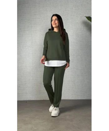 Kadın Uzun Kollu Kapşonlu Bağcıklı Viskon Iki Iplik Bluz Ve Pantolon Ikili Takım