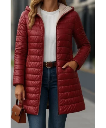 Kadın Uzun Kollu Kapşonlu Cep Detaylı Fermuarlı Orta Boy Mont