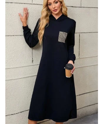 Kadın Uzun Kollu Kapşonlu Cep Detaylı Viskon Iki Iplik Maxi Elbise