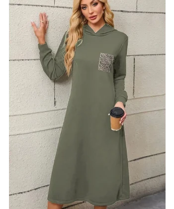 Kadın Uzun Kollu Kapşonlu Cep Detaylı Viskon Iki Iplik Maxi Elbise