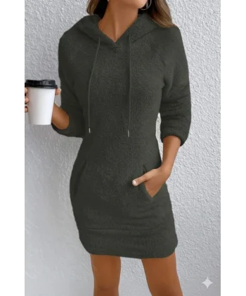 Kadın Uzun Kollu Kapşonlu Cepli Mini Peluş Elbise