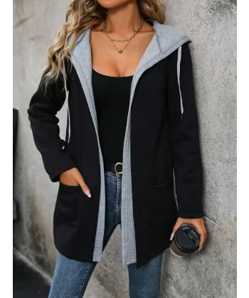 Kadın Uzun Kollu Kapşonlu çift Renkli şardonlu Iki Iplik Ceket