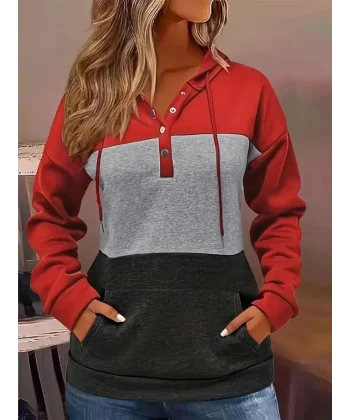 Kadın Uzun Kollu Kapşonlu çok Renkli Iki Iplik Bluz