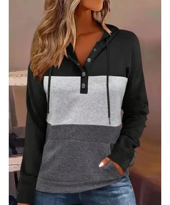 Kadın Uzun Kollu Kapşonlu çok Renkli Iki Iplik Bluz