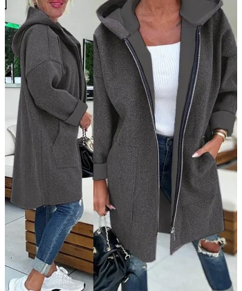 Kadın Uzun Kollu Kapşonlu Fermuar Detaylı Cepli Uzun üç Iplik Ceket