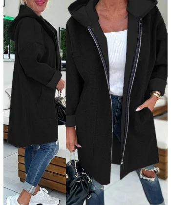 Kadın Uzun Kollu Kapşonlu Fermuar Detaylı Cepli Uzun üç Iplik Ceket