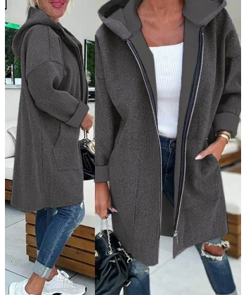 Kadın Uzun Kollu Kapşonlu Fermuar Detaylı Cepli Uzun üç Iplik Ceket