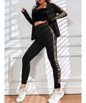 Kadın Uzun Kollu Kapşonlu Fermuarlı Bağcıklı Viskon Iki Iplik Bluz Ve Pantolon Tayt