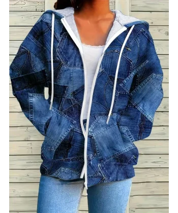 Kadın Uzun Kollu Kapşonlu Fermuarlı Kot Desenli Bağcıklı Modal Ceket