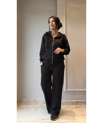 Kadın Uzun Kollu Kapşonlu Fermuarlı Taşlı önü Fermuarlı Viskon Iki Iplik Bluz Ve Eşofman Altı Ikili Takım