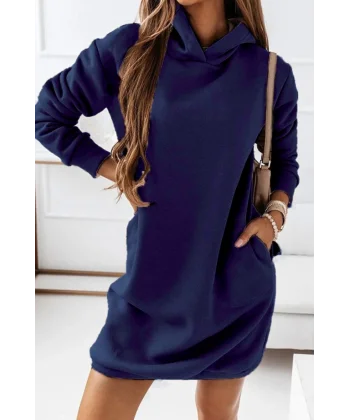 Kadın Uzun Kollu Kapşonlu Kısa Iki Iplik Elbise