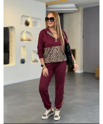 Kadın Uzun Kollu Kapşonlu Leopar Desen Detaylı Viskon Iki Iplik Bluz Ve Pantolon Ikili Takım