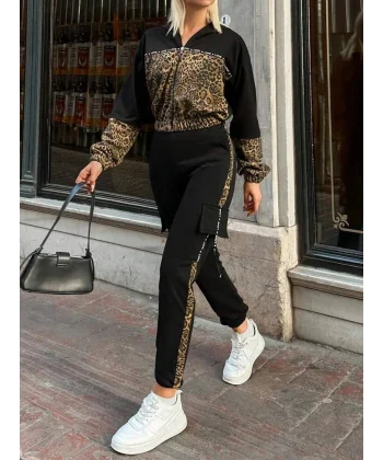 Kadın Uzun Kollu Kapşonlu Leopar Desenli Viskon Iki Iplik Bluz Ve Pantolon Ikili Takım