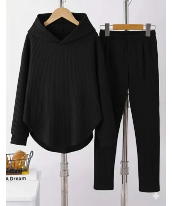 Kadın Uzun Kollu Kapşonlu Meloni Bluz Ve Pantolon Ikili Takım