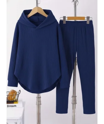 Kadın Uzun Kollu Kapşonlu Meloni Bluz Ve Pantolon Ikili Takım