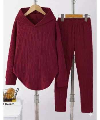 Kadın Uzun Kollu Kapşonlu Meloni Bluz Ve Pantolon Ikili Takım