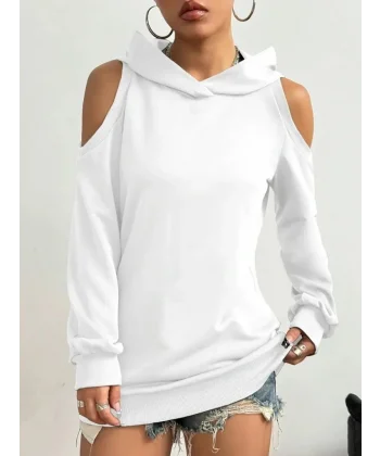 Kadın Uzun Kollu Kapşonlu Omuzlardan Açık Viskon Iki Iplik Bluz