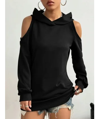 Kadın Uzun Kollu Kapşonlu Omuzlardan Açık Viskon Iki Iplik Bluz