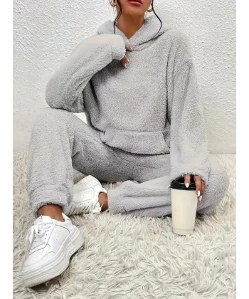 Kadın Uzun Kollu Kapşonlu önden Cepli Peluş Alt Ve üst Ikili Takım