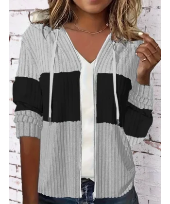 Kadın Uzun Kollu Kapşonlu önden Fermuarlı Blok Desenli şardonlu Kaşkorse Ceket