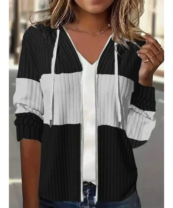 Kadın Uzun Kollu Kapşonlu önden Fermuarlı Blok Desenli şardonlu Kaşkorse Ceket