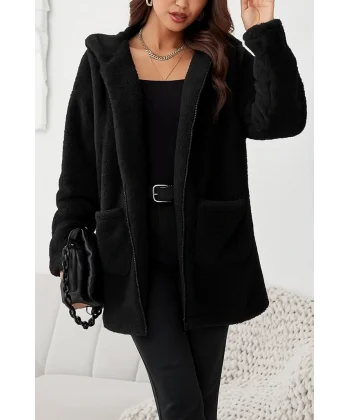 Kadın Uzun Kollu Kapşonlu önden Fermuarlı Cepli Welsoft Ceket