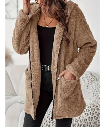 Kadın Uzun Kollu Kapşonlu önden Fermuarlı Cepli Welsoft Ceket