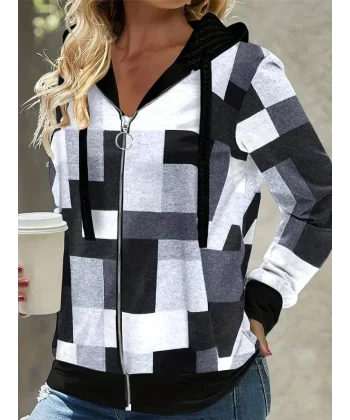 Kadın Uzun Kollu Kapşonlu önden Fermuarlı Desenli şardonlu Ceket