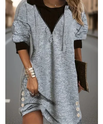 Kadın Uzun Kollu Kapşonlu önden Fermuarlı Düğmeli Mini Iki Iplik Elbise