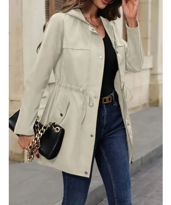 Kadın Uzun Kollu Kapşonlu önden Fermuarlı Düğmeli Ve Cep Detay Bondit Ceket