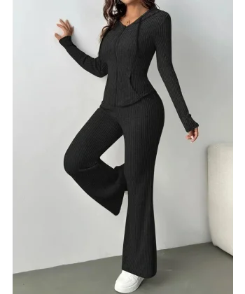 Kadın Uzun Kollu Kapşonlu önden Fermuarlı Kaşkorse Bluz Ve Pantolon Ikili Takım