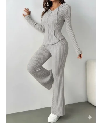 Kadın Uzun Kollu Kapşonlu önden Fermuarlı Kaşkorse Bluz Ve Pantolon Ikili Takım