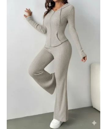 Kadın Uzun Kollu Kapşonlu önden Fermuarlı Kaşkorse Bluz Ve Pantolon Ikili Takım