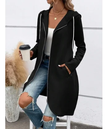 Kadın Uzun Kollu Kapşonlu önden Fermuarlı Midi Dalgıç Ceket