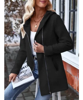 Kadın Uzun Kollu Kapşonlu önden Fermuarlı Uzun üç Iplik Ceket