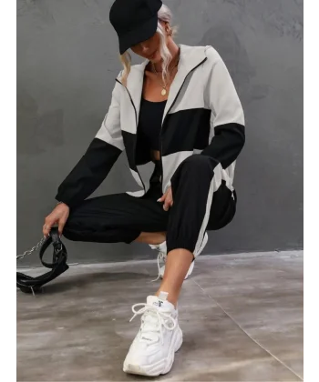 Kadın Uzun Kollu Kapşonlu önden Fermuarlı Viskon Iki Iplik Bluz Ve Pantolon Ikili Takım