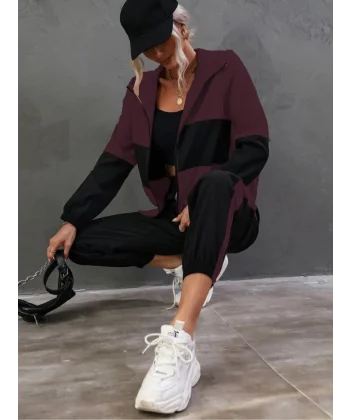 Kadın Uzun Kollu Kapşonlu önden Fermuarlı Viskon Iki Iplik Bluz Ve Pantolon Ikili Takım