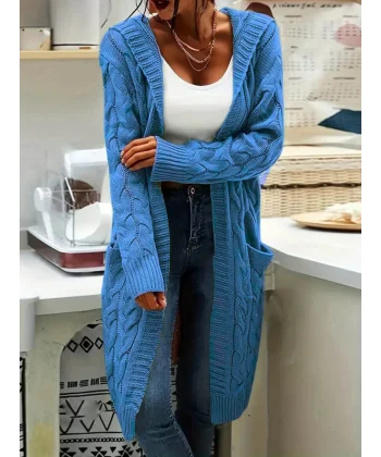 Kadın Uzun Kollu Kapşonlu önü Açık Cepli Midi Hırka