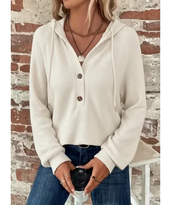 Kadın Uzun Kollu Kapşonlu önü Düğmeli Ve Bağcıklı Waffle Bluz