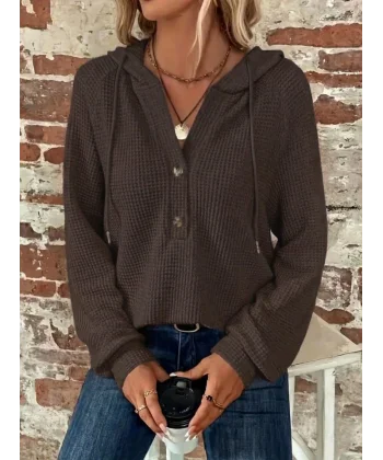 Kadın Uzun Kollu Kapşonlu önü Düğmeli Ve Bağcıklı Waffle Bluz