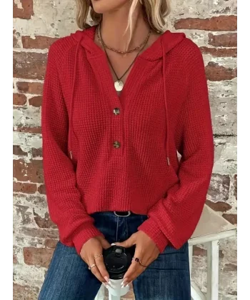 Kadın Uzun Kollu Kapşonlu önü Düğmeli Ve Bağcıklı Waffle Bluz
