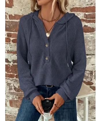 Kadın Uzun Kollu Kapşonlu önü Düğmeli Ve Bağcıklı Waffle Bluz