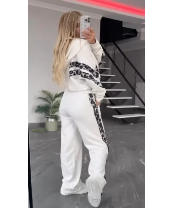Kadın Uzun Kollu Kapşonlu önü Fermuarlı Leopar Desenli Modal Bluz Ve Pantolon Ikili Takım